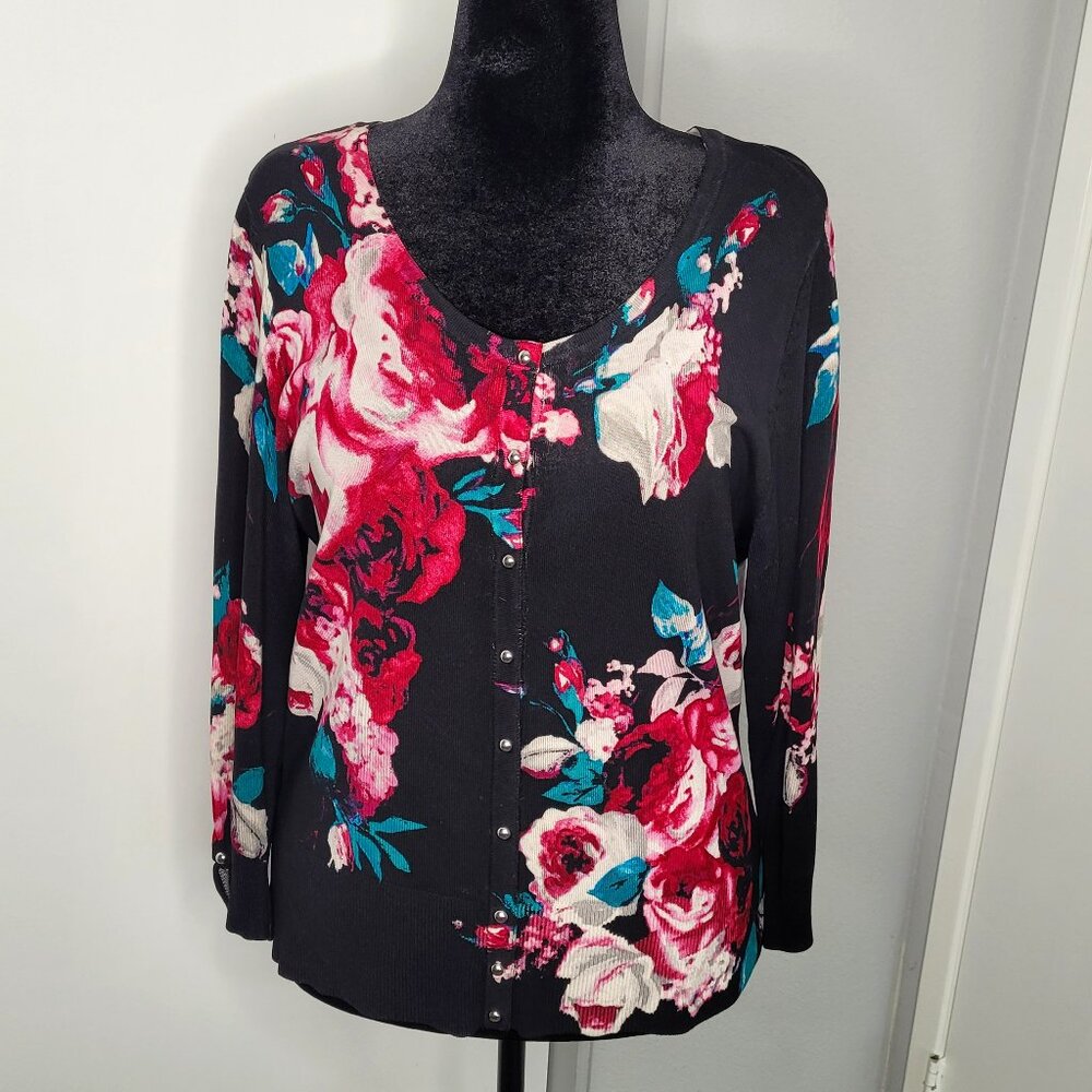 WHBM Black & Pink Floral Embellished Button-Up Cardigan – Size XL